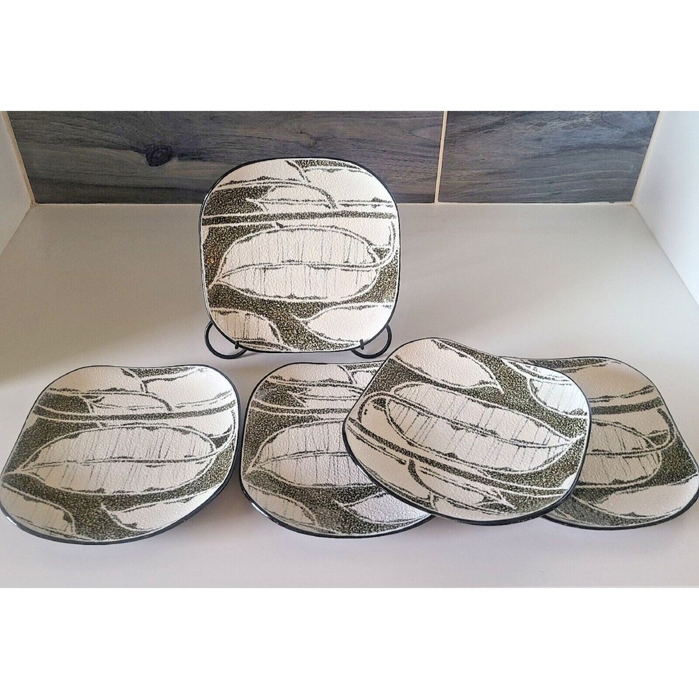 Set of 5 Square Textured Dessert Plates Leaf Beveled Corners Olive Green White